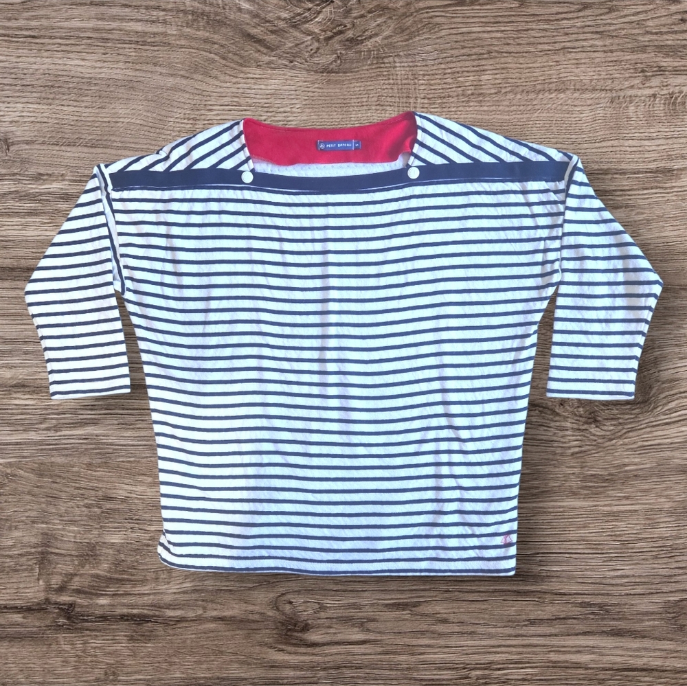Petit Bateau Navy and White Striped Top with Red Accent French Naval Oversized S